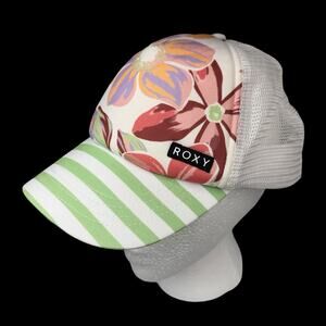 Roxy Women’s Floral Trucker Hat Green White Stripe Brim Mesh Back Adjustable Cap